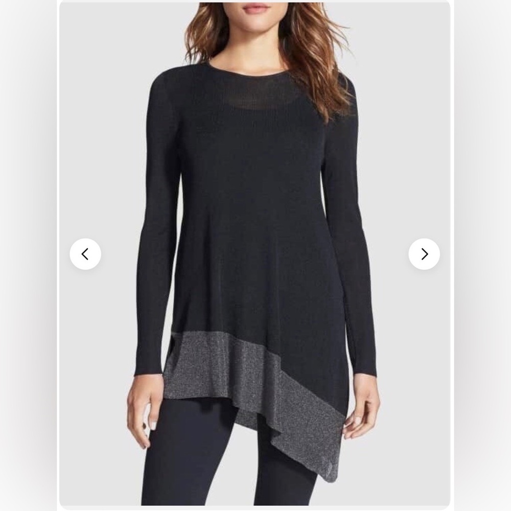 Eileen Fisher Metallic Asymmetrical Tunic Top XS Black Gray Knit Luxe Minimalist